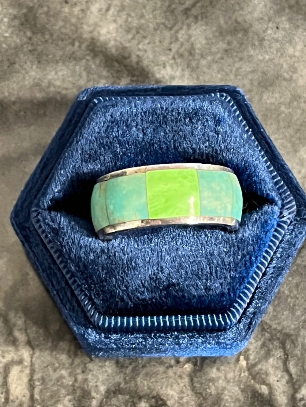 Vintage, Full-Wrap, Zuni, 925, Inlaid Turquoise and Gaspeite Ring Band-Size 7.5